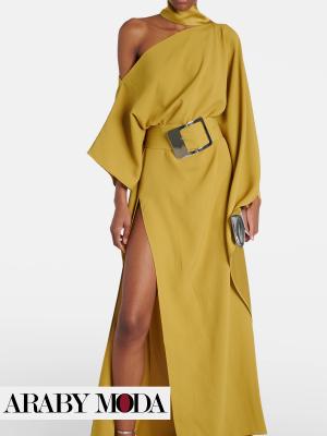 One-shoulder olive dress with large silver belt buckle