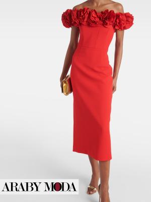 Red Evening Dress with Roses on the Chest with Heels and Gold Bag