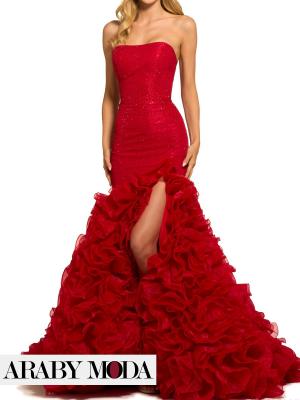 Red Mermaid Dress in Taffeta with Ruffled Tulle Skirt