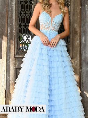 Sky blue ruffled layered evening dress