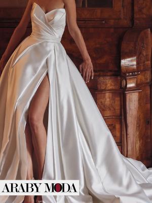 Mikado bridal dress with a slit and without sleeves