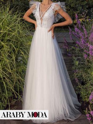 Sparkly Tulle A-Line Bridal Gown with Short Ruffled Sleeves